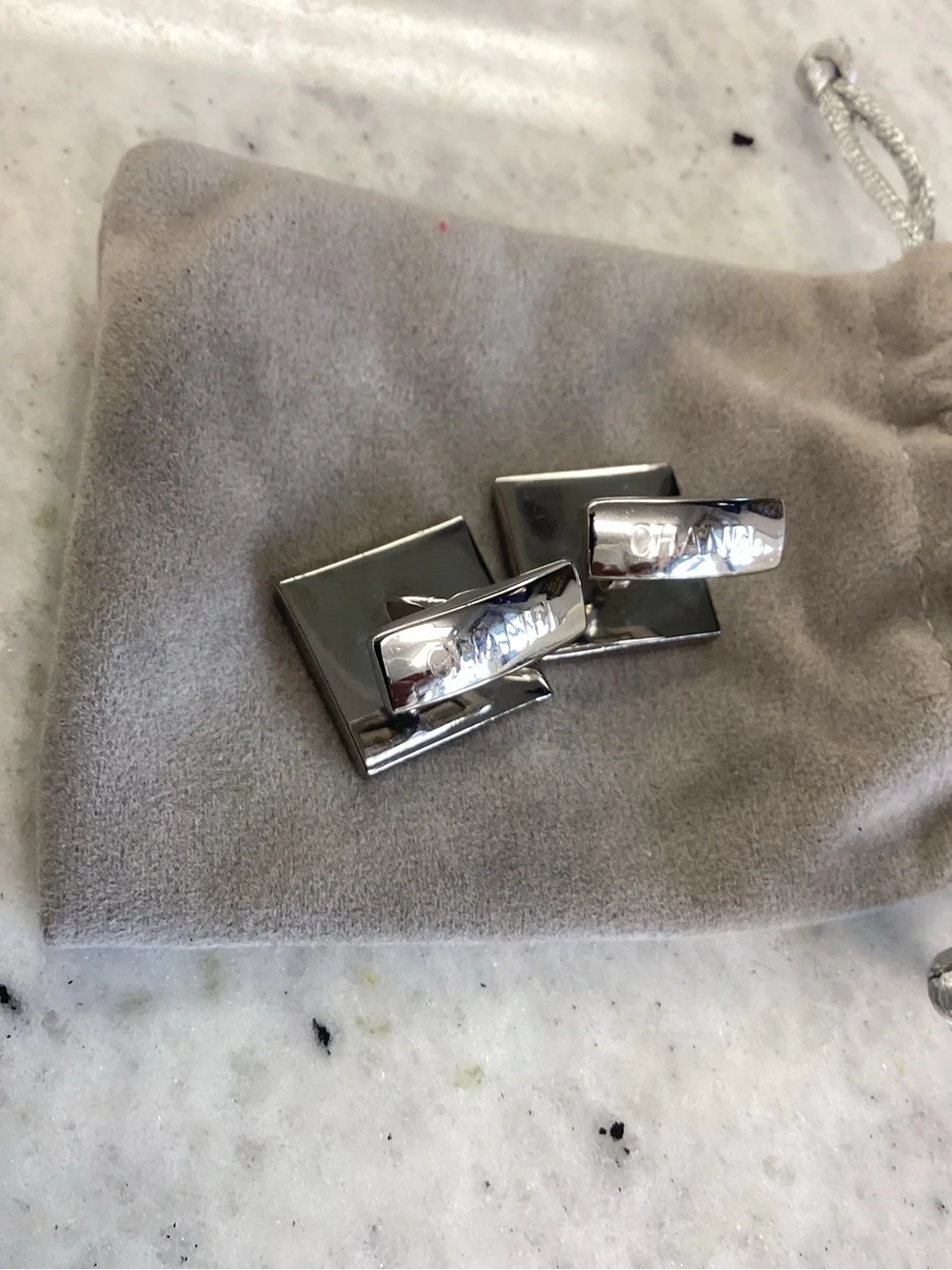 CHANEL Silver-Tone Square Double-C Logo Cufflinks